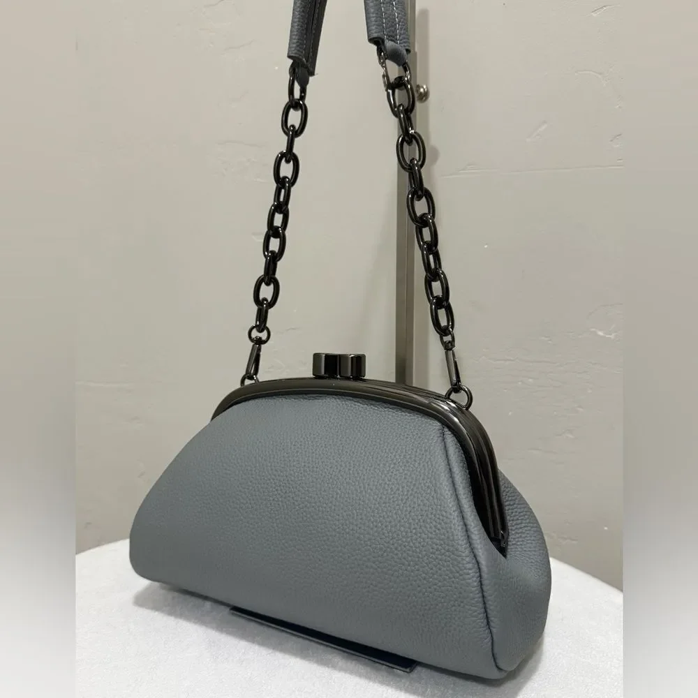 Gray Togo Cowhide Calfskin Handmade Kisslock Wristlet, Shoulder Bag, Crossbody